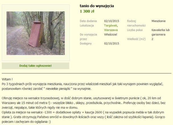 Studentka umieściła w sieci nietypowe ogłoszenie. "Warunki wynajmu mieszkań w Warszawie są kosmiczne"