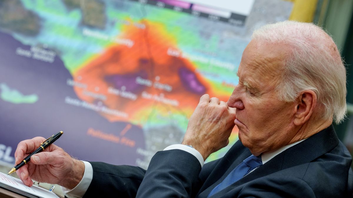 WASHINGTON, DC - JANUARY 13: U.S. President Joe Biden holds a briefing on the federal response to the Los Angeles wildfires in the Roosevelt Room of the White House on January 13, 2025 in Washington, DC. Multiple fires have already burned tens of thousands of acres and with the two largest, the Palisades and Eaton fires, barely starting to become contained, conditions are expected to worsen with more high winds forecast. (Photo by Andrew Harnik/Getty Images)