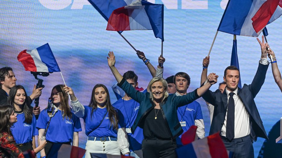 PARIS, FRANCE - JUNE 02:   
Marine Le Pen, President of the National Rally group in the National Assembly with Jordan Bardella, President of the National Rally (Rassemblement National, RN), a French nationalist and right-wing populist party, photographed during a pre-European Parliament election, at Le Dôme de Paris - Palais des Sports, on June 02, 2024, in Paris, France. (Photo by Artur Widak/NurPhoto via Getty Images)