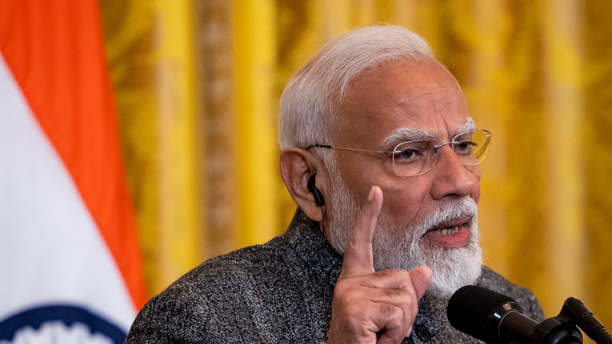 Narendra Modi, India's prime minister, during a news conference with US President Donald Trump, not pictured, in the East Room of the White House in Washington, DC, US, on Thursday, Feb. 13, 2025. The head of the world's most populous nation faces a minefield in negotiations with Trump, who has signaled that India remains a potential tariff target despite a deepening partnership between the two countries. Photographer: Francis Chung/Politico/Bloomberg via Getty Images