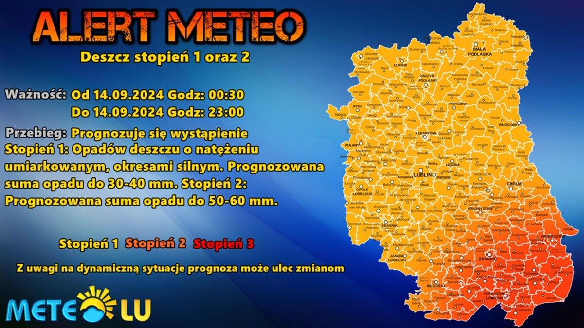 Prognoza opadów deszczu w sobotę, 14 września w województwie lubelskim