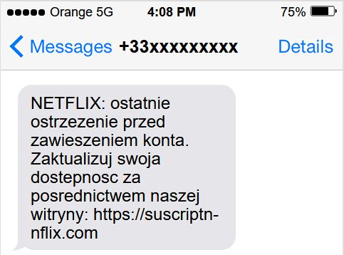 Fałszywy SMS o zawieszeniu konta Netflix
