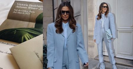 Anna Lewandowska w błękitnym garniturze i koronkowej bluzeczce ekscytuje się pokazem Victorii Beckham w Paryżu (ZDJĘCIA)