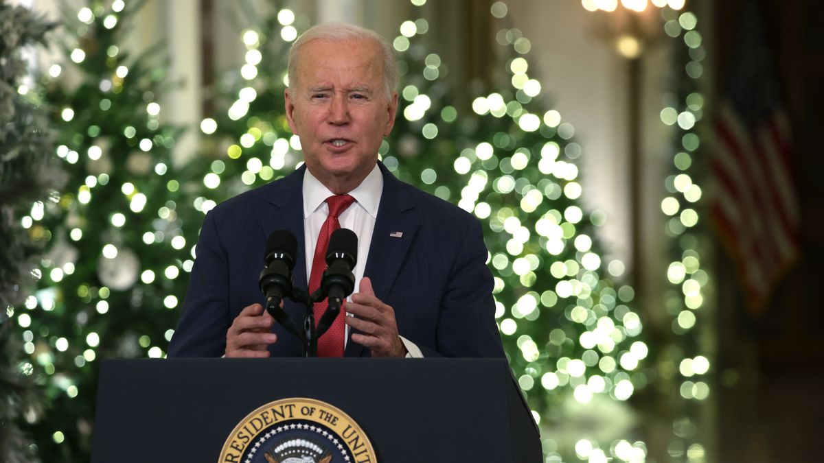 WASHINGTON, DC - DECEMBER 22: U.S. President Joe Biden speaks as he delivers a Christmas address in the East Room of the White House on December 22, 2022 in Washington, DC. President Biden gave the address to wish Americans a happy holiday. (Photo by Alex Wong/Getty Images)