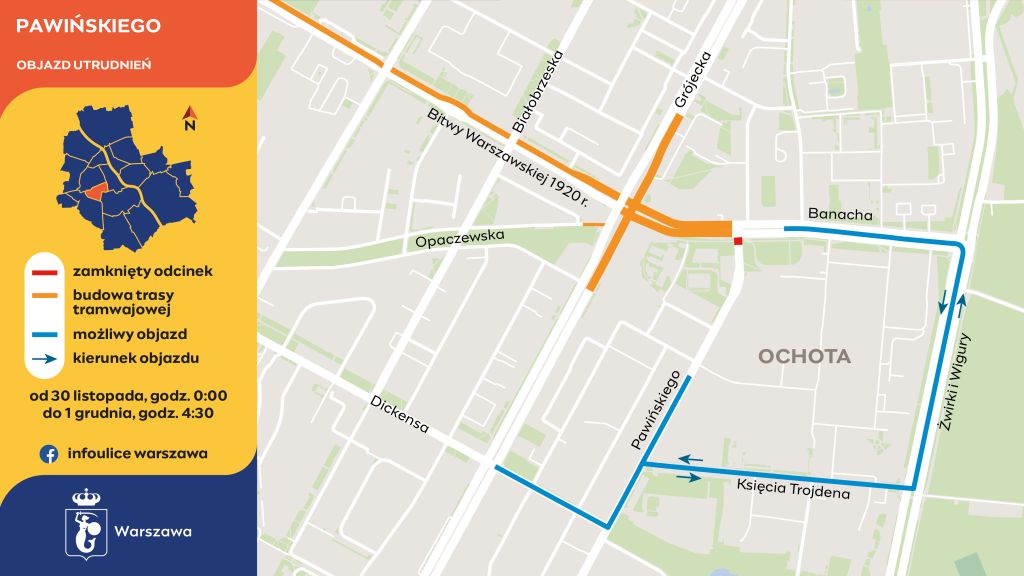 mapa, na której kolorem czerwonym zaznaczono przejazd przez tory tramwajowe na skrzyżowaniu Banacha i Pawińskiego. Kolorem pomarańczowym zaznaczono utrudnienia związane z budową nowej trasy tramwajowej. Kolorem niebieskim wskazano możliwe objazdy ulicami: Dickensa, Księcia Trojdena i Żwirki i Wigury.