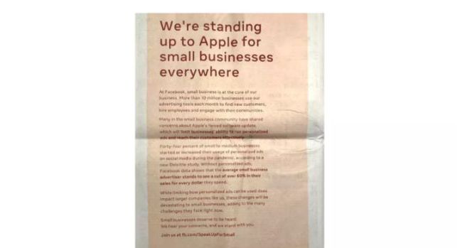 Facebook krytykuje Apple w reklamach prasowych. Chodzi o ograniczenia w śledzeniu użytkowników