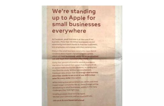 Facebook krytykuje Apple w reklamach prasowych. Chodzi o ograniczenia w śledzeniu użytkowników