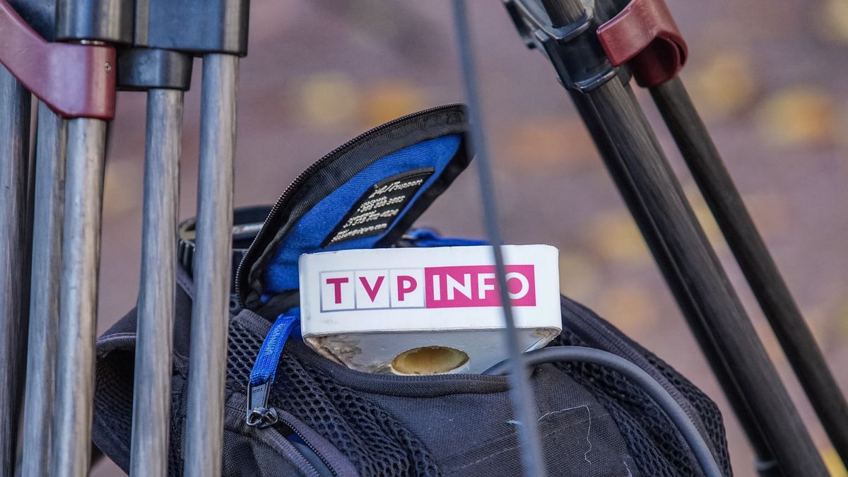 TVP Info - Polish state propaganda TV station microphone with logo is seen in Sopot, Poland on 23 October 2021 Tusk voted in the internal party elections, the result of which is to confirm his leadership in the Civic Platform (Platforma Obywatelska).   (Photo by Michal Fludra/NurPhoto via Getty Images)