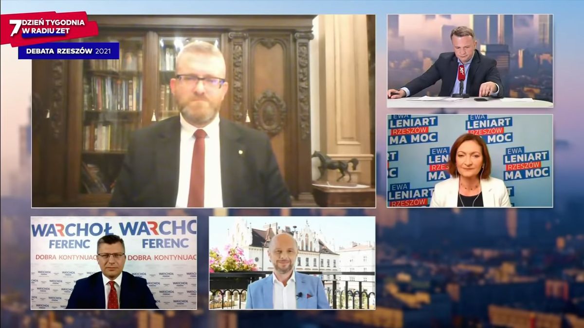 Kadr z programu "7. Dzień Tygodnia w Radiu ZET", podczas którego miała miejsce debata kandydatów na prezydenta Rzeszowa. Moment wyrzucenia Grzegorza Brauna.