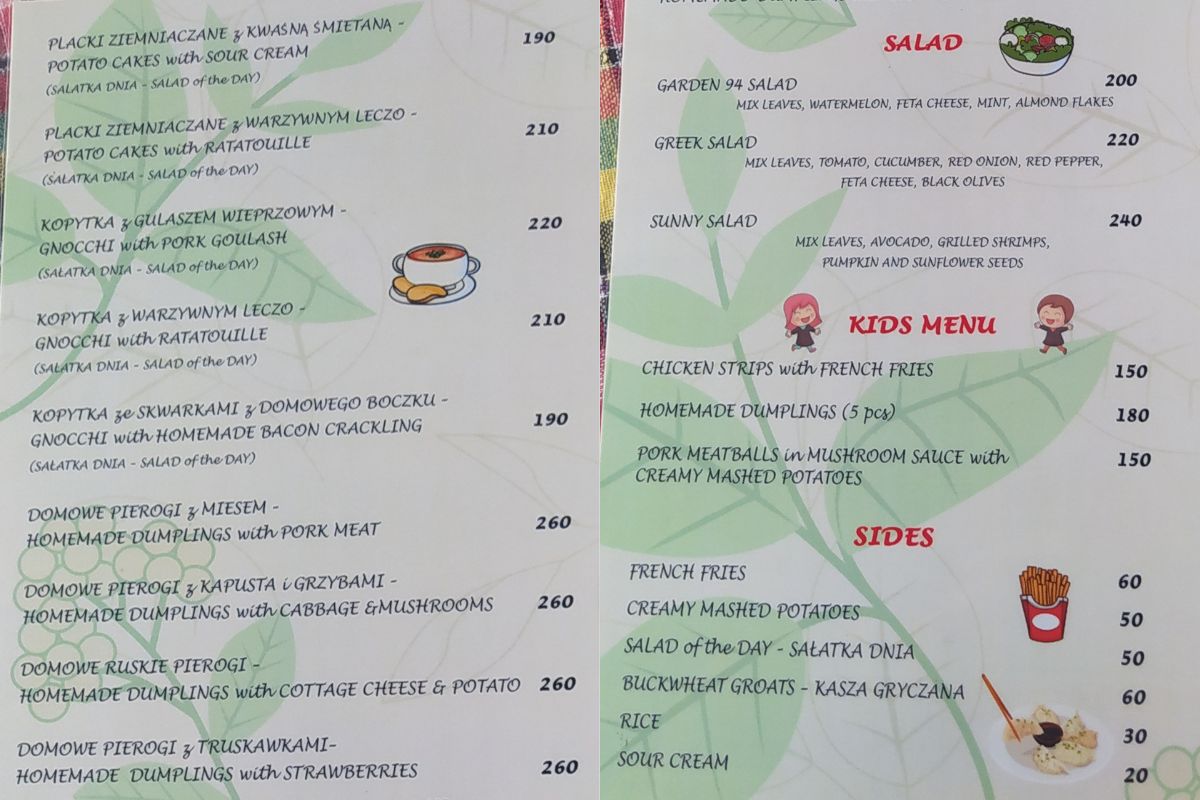 Menu w restauracji Garden 94 w Hua Hin 