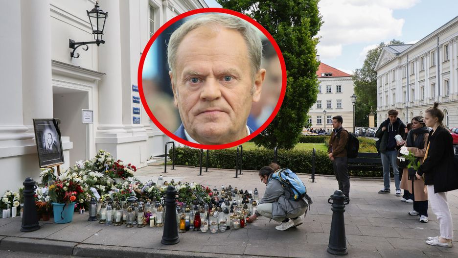 Znicze pod zdjęciem zabitej kobiety, przed budynkiem UW