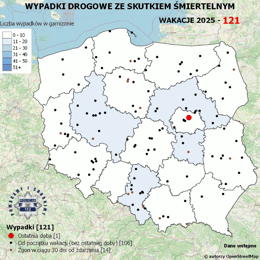 Mapa przedstawiająca wypadki drogowe ze skutkiem śmiertelnym w Polsce podczas wakacji 2025. Zaznaczone są lokalizacje zdarzeń, z podziałem na liczbę wypadków w poszczególnych garnizonach. Na mapie wyróżniono ostatnią dobę, w której odnotowano 1 wypadek, oraz dane dotyczące wypadków od początku wakacji (106) i z