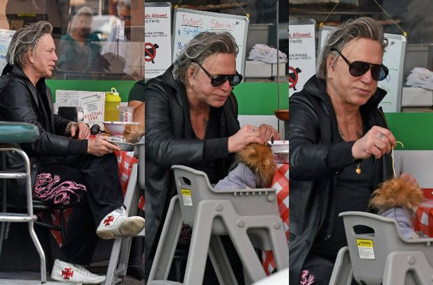 Smutny i zoperowany Mickey Rourke je lunch ze swoim psem (ZDJĘCIA)