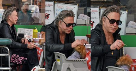 Smutny i zoperowany Mickey Rourke je lunch ze swoim psem (ZDJĘCIA)
