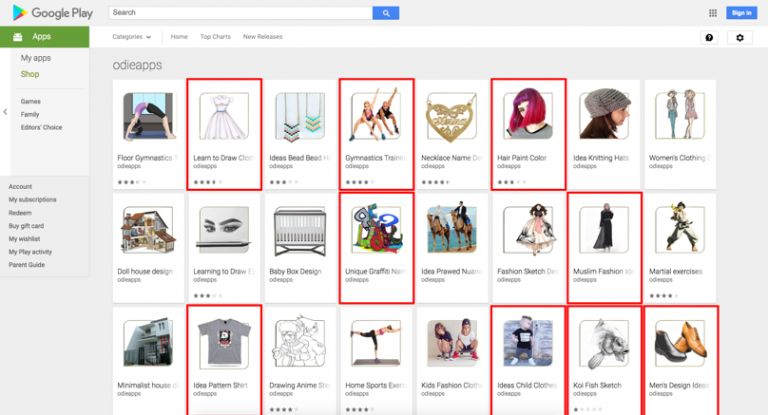 Portfolio aplikacji jednego z programistów w Sklepie Play. Wyróżnione na czerwono aplikacje są „doposażone” w keylogger znany z Windowsa. Źródło: Research Center.
