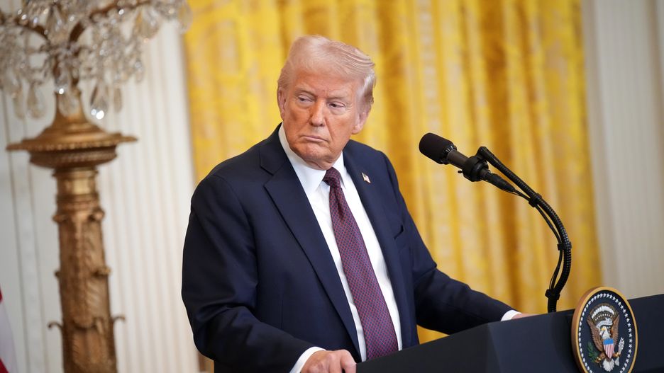 WASHINGTON, DC - FEBRUARY 27: U.S. President Donald Trump looks on during a joint press conference with UK Prime Minister Keir Starmer in the East Room at the White House on February 27, 2025 in Washington, DC. Starmer is on his first visit to Washington since President Trump returned to the White House. Starmer's trip comes shortly after he announced an increase in UK defense spending, ostensibly as a signal to Trump that the UK is prepared to bolster Europe's security, and as he aims to broker a fair peace deal for Ukraine amid Trump's warming relations with Russia.   (Photo by Andrew Harnik/Getty Images)