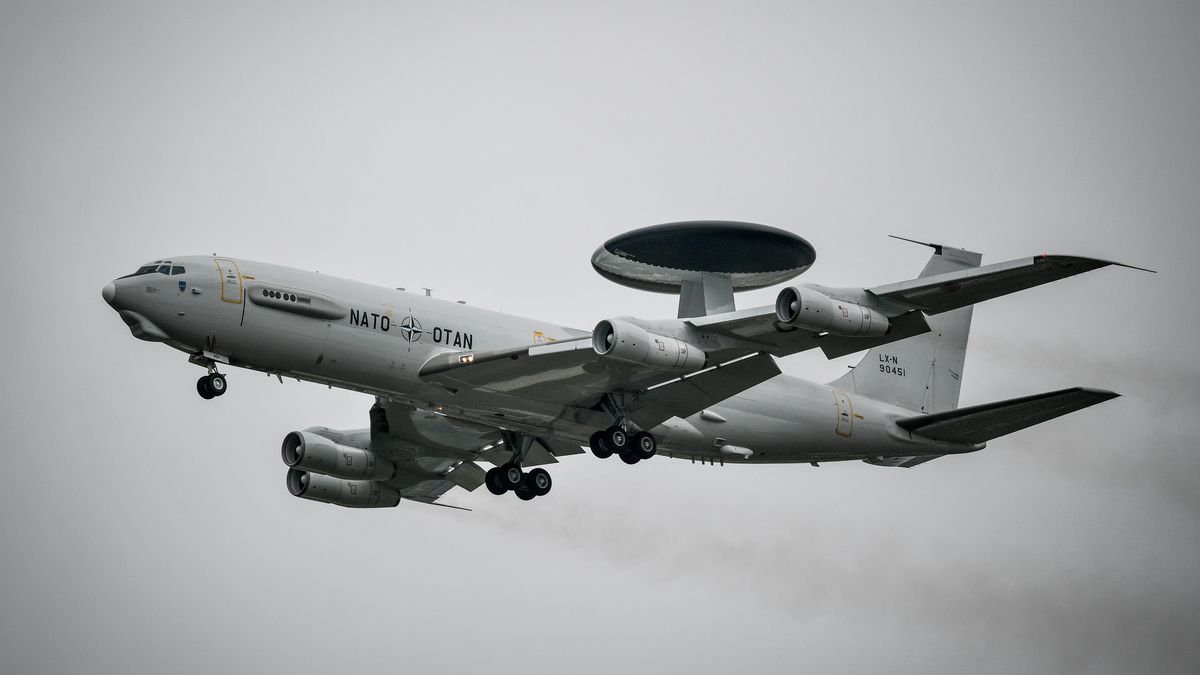 A lone Boeing E-3A Sentry takes to the skies as part of the NATO 70th anniversary flypast as the other aircraft involved in the flypast had to cancel at the Royal International Air Tattoo, RAF Fairford, as bad weather including strong winds, low cloud and rain have grounded many of the planned air displays. (Photo by Ben Birchall/PA Images via Getty Images)