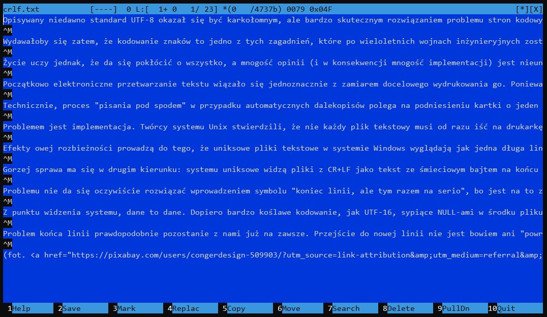 Niepołamane linie i dziwne "^M" na początku: plik z Windows na Linuksie