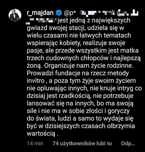Radosław Majdan broni żony