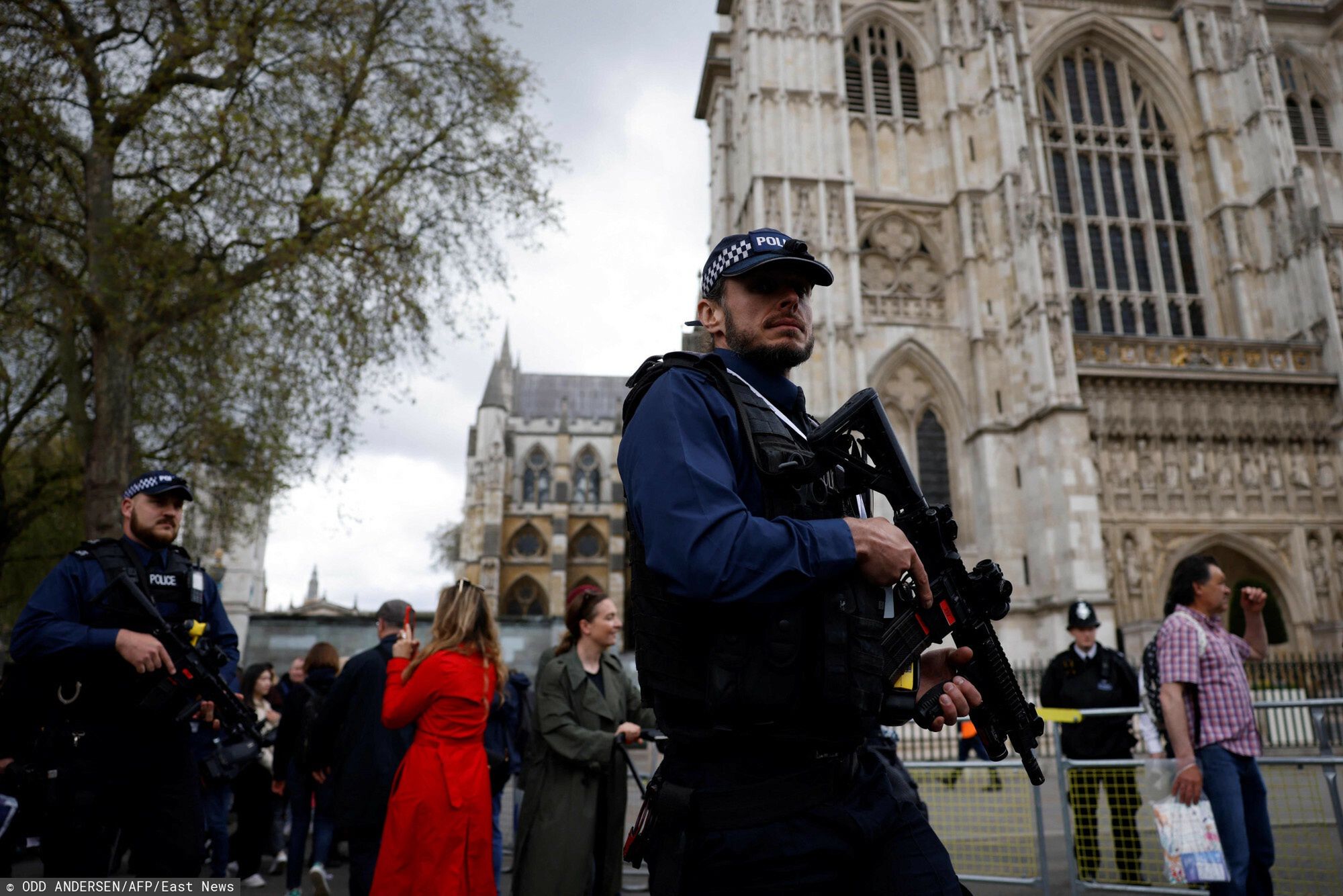 Temporary
Police officers patrol by Westminster Abbey, central London, on May 5, 2023, ahead of the coronation. - The country prepares for the coronation of Britain's King Charles III and his wife Britain's Camilla, Queen Consort on May 6, 2023. (Photo by Odd ANDERSEN / AFP)
ODD ANDERSEN