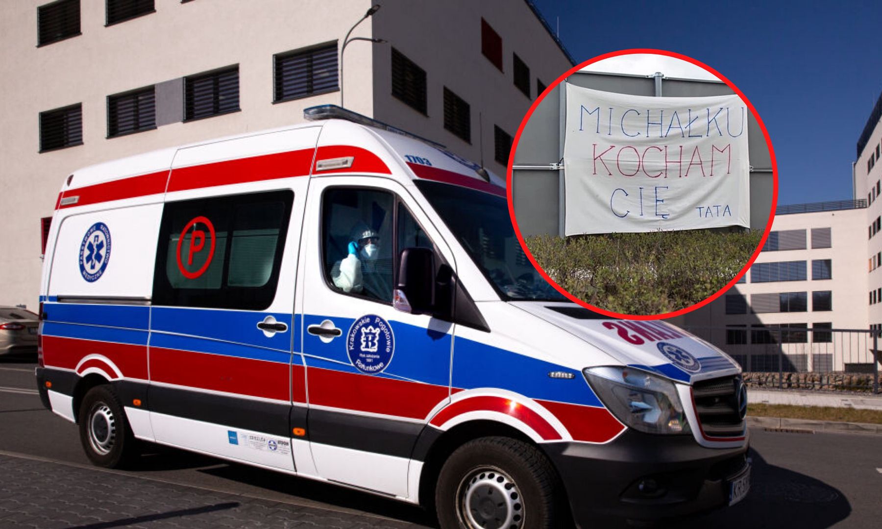 Ojciec zrobił baner dla syna, który przebywa w warszawskim szpitalu