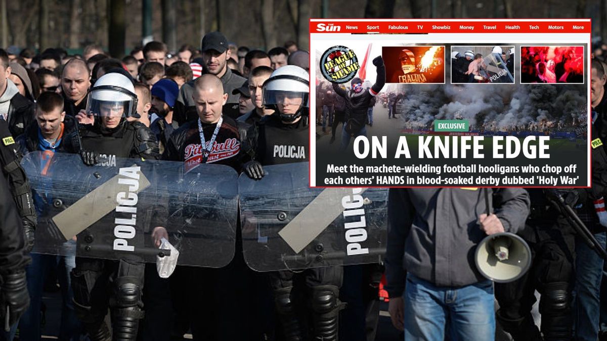 Getty Images / Artur Widak/NurPhoto/Getty Images i The Sun / Na głównym: policja przed derbami Krakowa, w prostokącie: screen z internetowego wydania The Sun