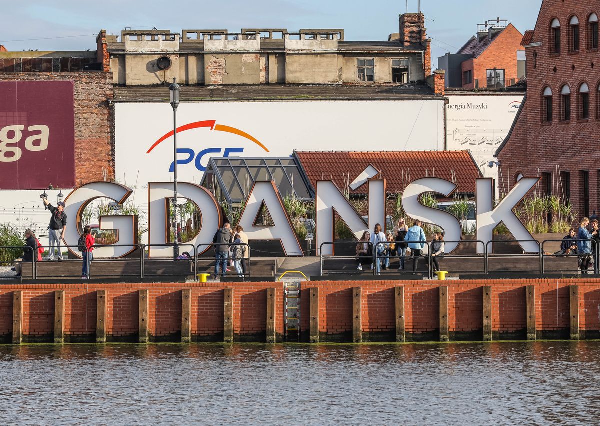 Huge Gdansk inscription on the Olowianka Island on the Motlawa (Motlava) river bank is sen in Gdansk, Poland on 28 September 2019  (Photo by Michal Fludra/NurPhoto via Getty Images)