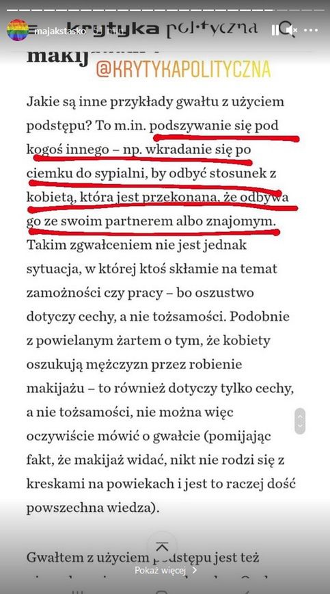 Maja Staśko sugeruje, że zachowanie  braci Tyburskich nosi znamiona gwałtu