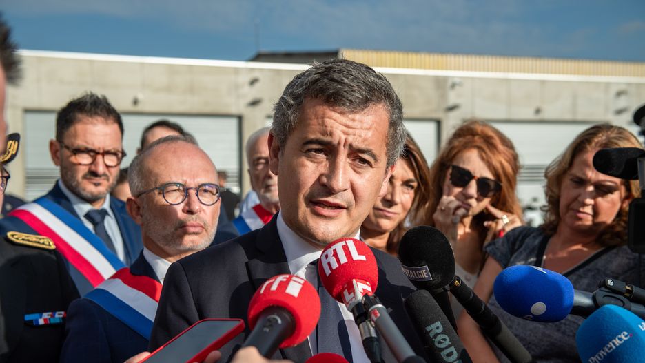 MARSEILLE, BOUCHES DU RHONE, FRANCE - 2023/09/12: Gerald Darmanin talks to the press. Gerald Darmanin, French Minister for the Interior and Overseas Territories, inaugurates the RAID police section new buildings in Marseille. (Photo by Laurent Coust/SOPA Images/LightRocket via Getty Images)