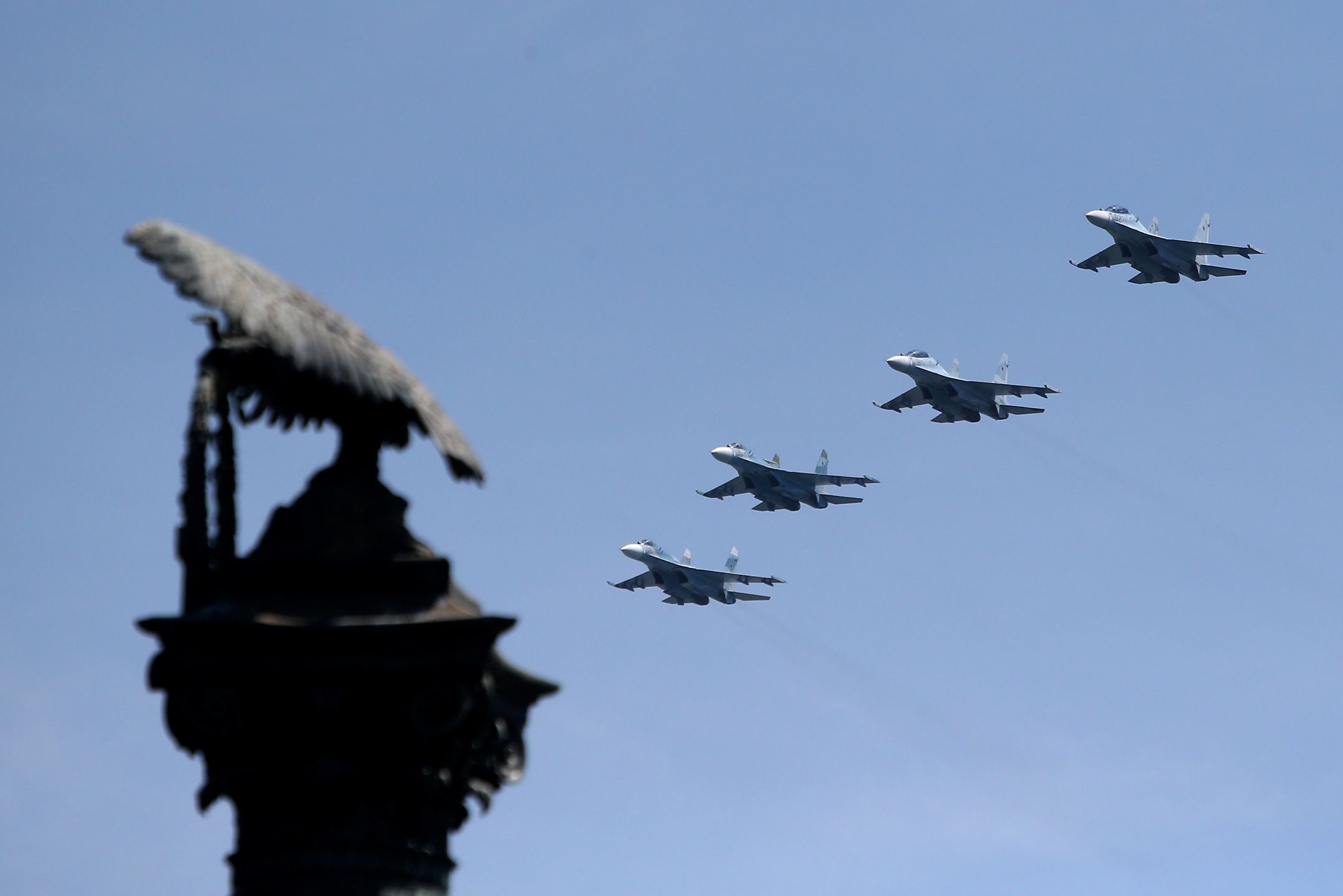 SEVASTOPOL, RUSSIA - JULY 24, 2020: Sukhoi Su-27UB jet fighters take part in the dress rehearsal of a military parade to mark Russian Navy Day. Sergei Malgavko/TASS (Photo by Sergei Malgavko\TASS via Getty Images)
