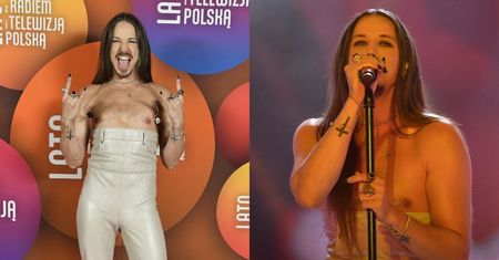 Michał Szpak świeci klatą w skórzanym kostiumie na koncercie TVP