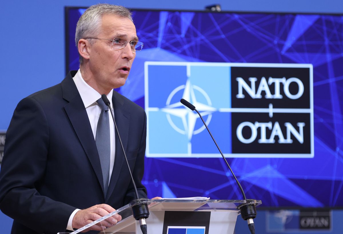 BRUSSELS, BELGIUM - APRIL 05: NATO Secretary General Jens Stoltenberg makes a statement to the journalists during a press conference before the NATO Foreign Ministers Meeting to be held on 6-7 April in Brussels, Belgium on April 05, 2022. (Photo by Dursun Aydemir/Anadolu Agency via Getty Images)