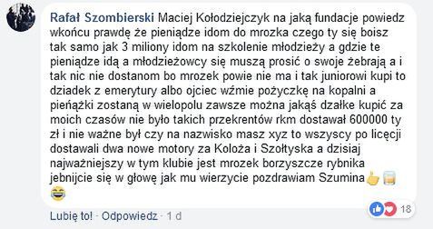 Wpis Rafała Szombierskiego opublikowany na Facebooku