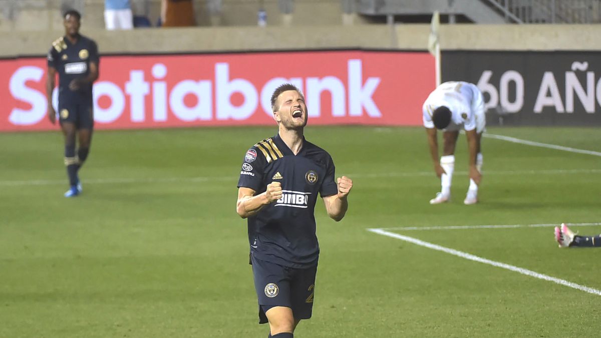 Getty Images / Pete Bannan/MediaNews Group/Daily Times  / Kacper Przybyłko po golu zdobytym dla Philadelphii Union w meczu Ligi Mistrzów CONCACAF