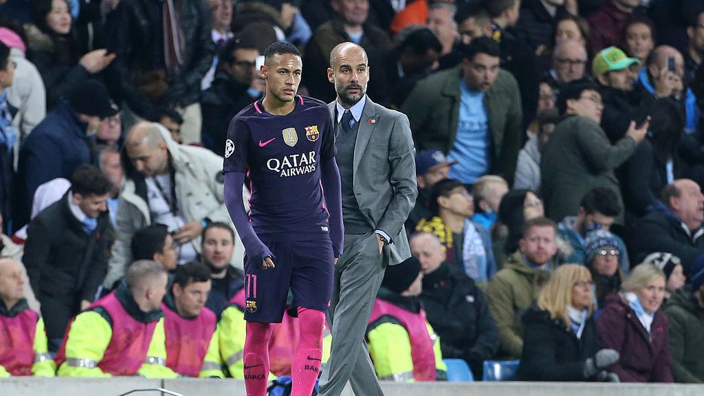 Neymar (w barwach FC Barcelona) i Pep Guardiola (trener Manchesteru City)