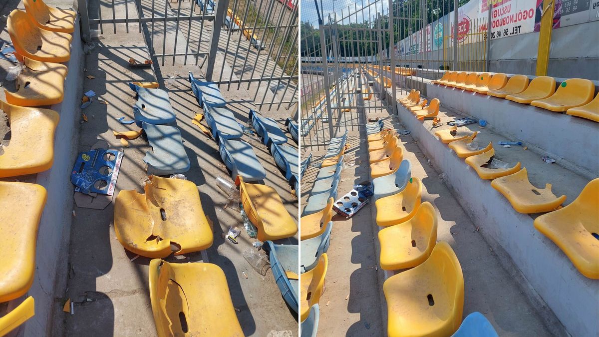 Zniszczone krzesełka na stadionie w Grudziądzu