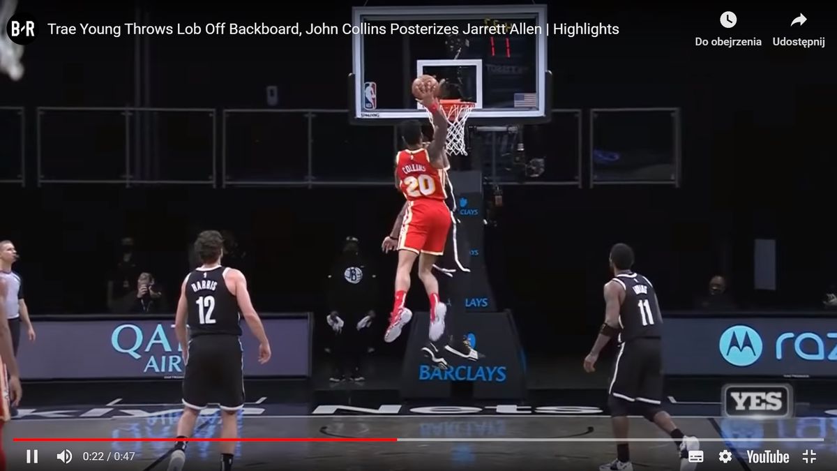 YouTube / NBA / Na zdjęciu: wsad Johna Collinsa nad Jarrettem Allenem