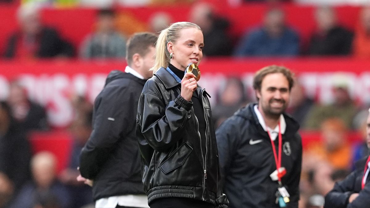 Olympic gold medalist Keely Hodgkinson on the touchline ahead of the Premier League match at Old Trafford, Manchester. Picture date: Sunday September 29, 2024. (Photo by Martin Rickett/PA Images via Getty Images)