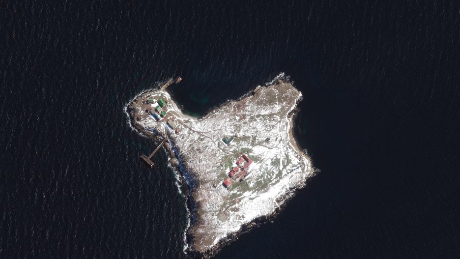 RUSSIANS INVADE UKRAINE -- MARCH 13, 2022:  08 Maxar satellite image of Snake Island AFTER invasion.  13march2022_wv2.   Please use: Satellite image (c) 2022 Maxar Technologies.