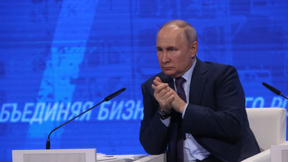 MOSCOW, RUSSIA - MARCH,16 (RUSSIA OUT) Russian President Vladimir Putin gestures during the congress of Russian Union of Industrialists and Entrepreneurs (RSPP), March,16,2023, in Moscow, Russia. Putin met top Russian businessmen and billionaires to talk about economic problems resulting from the santions and military invasion of Ukraine. (Photo by Contributor/Getty Images)