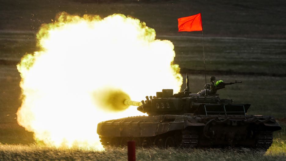 CHELYABINSK REGION, RUSSIA  MAY 17, 2021: A T-72B3 tank takes part in a tank biathlon competition as part of an all-army stage of the 2021 International Army Games, at the Chebarkulsky training ground. Donat Sorokin/TASS (Photo by Donat Sorokin\TASS via Getty Images)