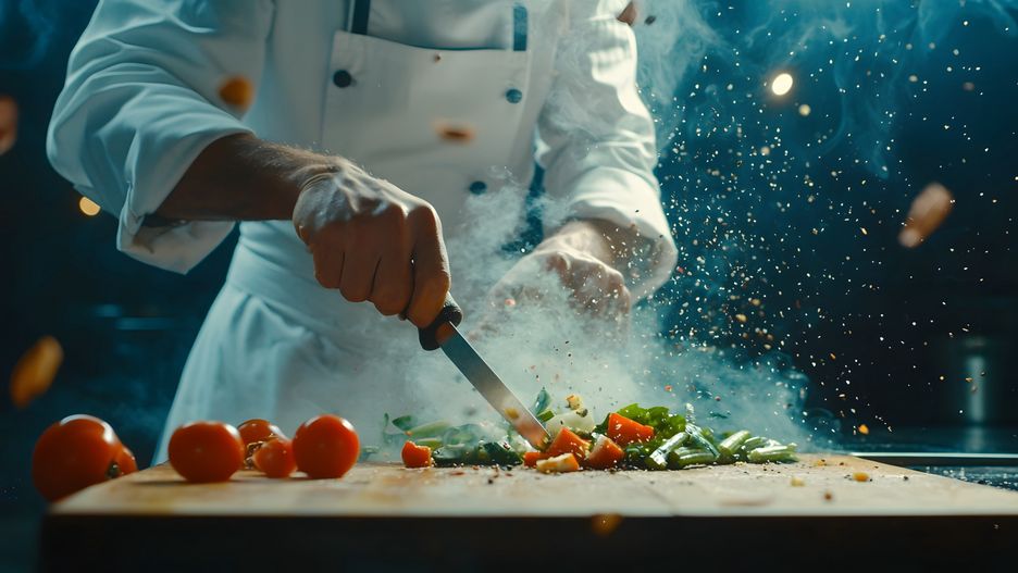 Dynamic Action Shot of Professional Chef Skillfully Slicing Fresh Vegetables on a Wooden Cutting Board in a Commercial Kitchen Settingchef, cooking, vegetables, cutting, board, kitchen, food, culinary, meal, cuisine, gastronomy, professional, hands, knife, slicing, chopping, dynamic, action, movement, fresh, organic, healthy, lifestyle, ingredient, work, process, task, skill, expertise, restaurant, hotel, catering, industry, gourmet, delicious, recipe, dish, produce, market, grocery, chef, cooking, vegetables, cutting, board, kitchen, food, culinary, meal, cuisine, gastronomy, professional, hands, knife, slicing, chopping, dynamic, action, movement, fresh, organic, healthy, lifestyle, ingredient, work, process, task, skill, expertise, restaurant, hotel, catering, industry, gourmet, delicious, recipe, dish, produce, market, grocery