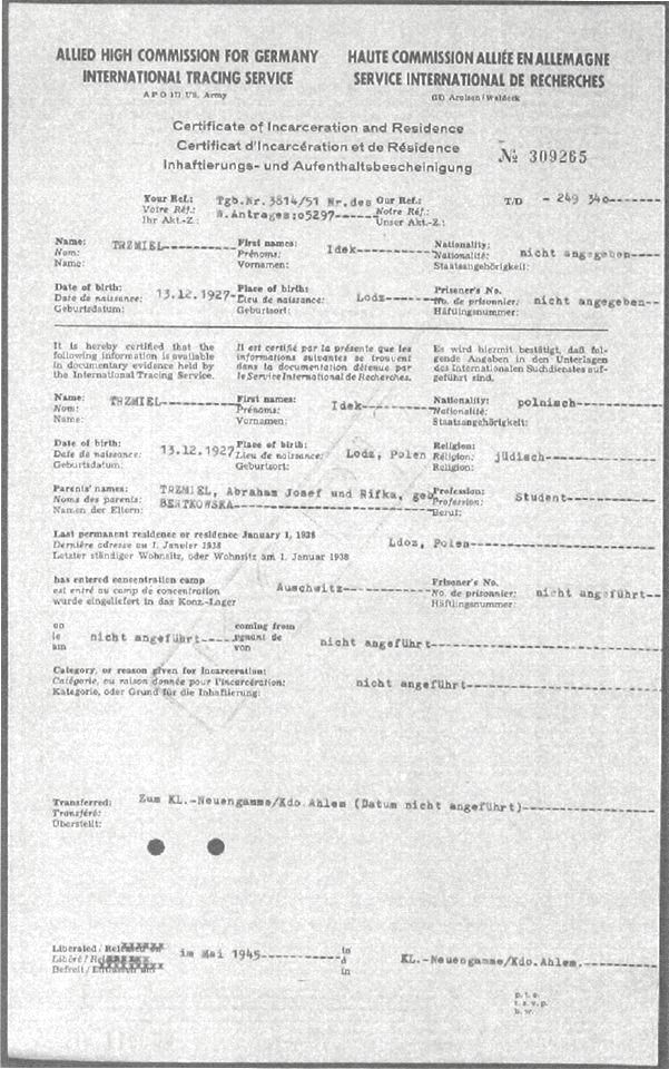 dokument sporządzony przez Amerykanów przy zamykaniu obozu w Ahlem