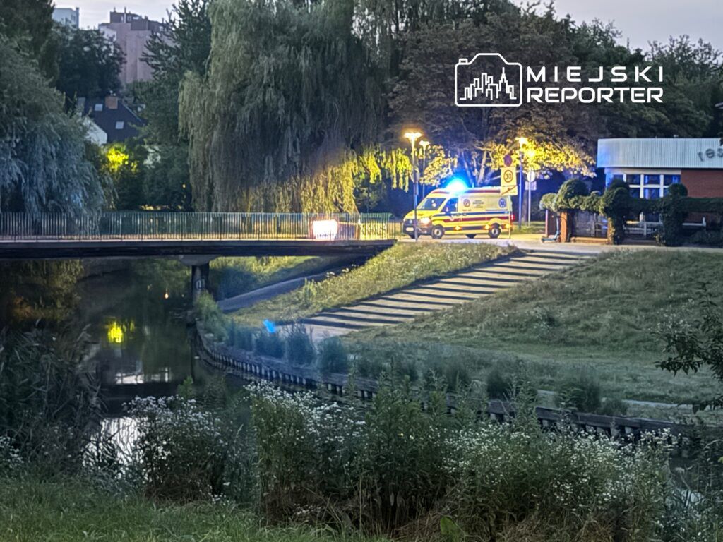 Karetka pogotowia z włączonymi sygnałami świetlnymi stoi przy moście nad rzeką w otoczeniu drzew i krzewów.