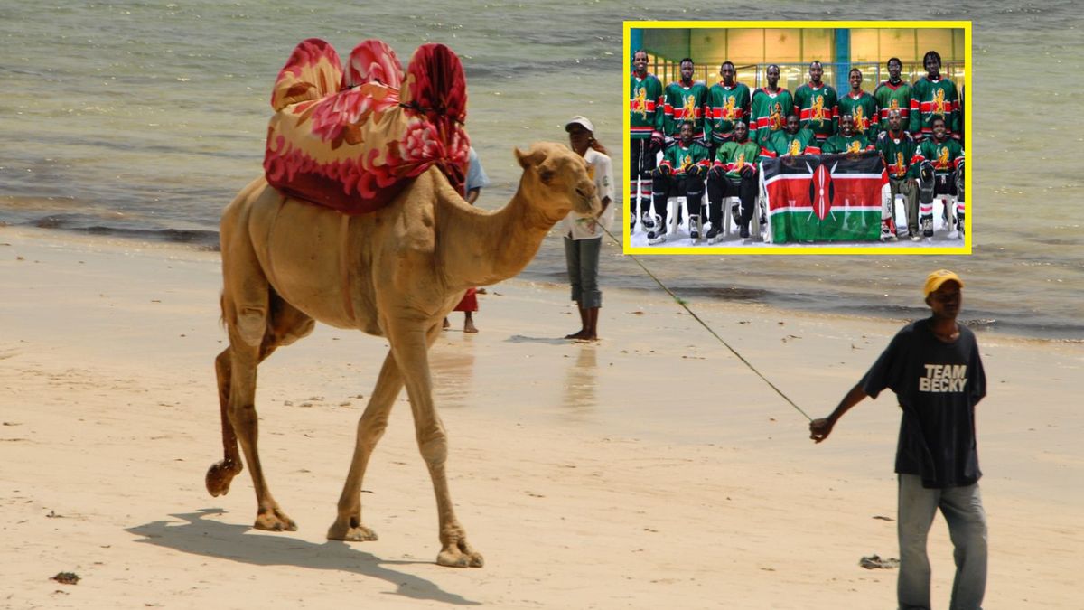 Getty Images / Peter Bischoff / x.com/IIHFHockey / Na zdjęciu: plaża w Kenii, na małym zdjęciu: hokejowa reprezentacja Kenii