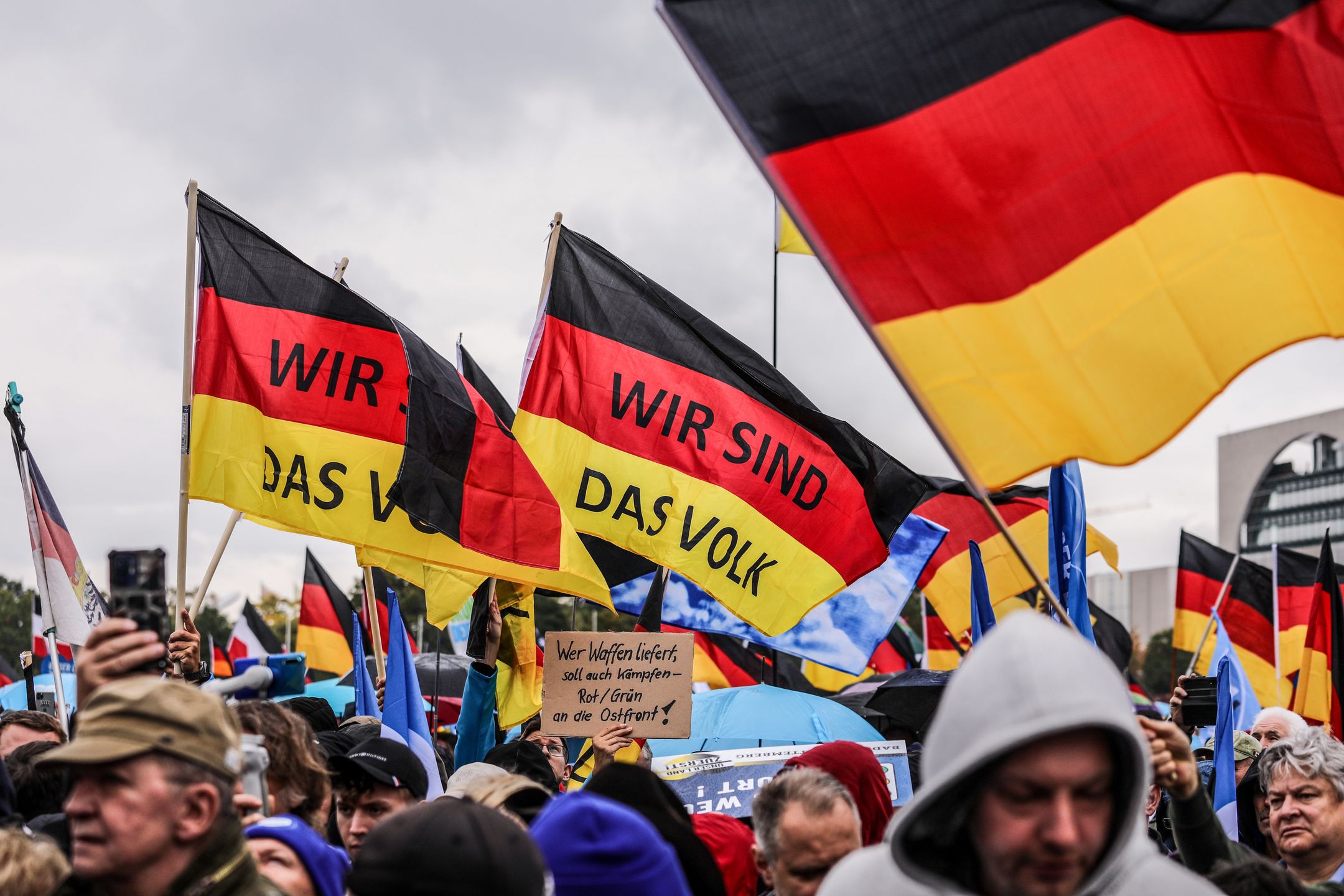 AfD Leads Protest Against Rising PricesBERLIN, GERMANY - OCTOBER 08: People protest against the rising cost of living in a demonstration organized by the right-wing Alternative for Germany (AfD) political party on October 8, 2022 in Berlin, Germany. Consequences stemming from Russia's ongoing war in Ukraine have caused fuel prices and inflation to rise dramatically since February, creating a fresh topic for right-wing politicians in Germany to rally support in protests against the government. (Photo by Omer Messinger/Getty Images)Omer Messinger
