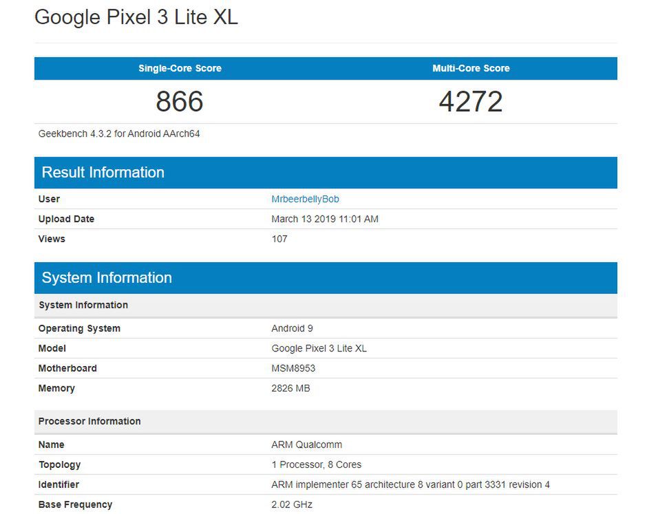 Google Pixel 3 Lite XL w bazie Geekbench