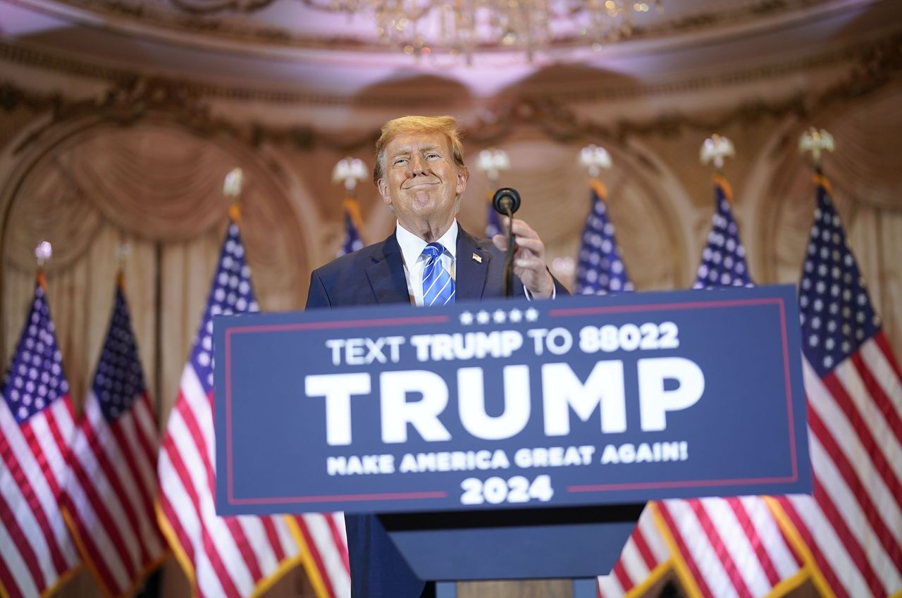 Palm Beach, Florida  - March 5: Republican presidential candidate former President Donald Trump arrives to speak at a Super Tuesday election night party on Tuesday, March 5, 2024 at Mar-a-Lago in Palm Beach, Fla.

(Photo by Jabin Botsford /The Washington Post via Getty Images)