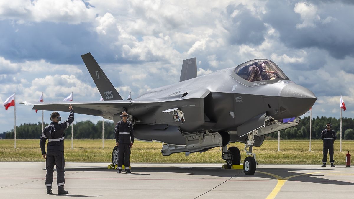 One of the first three Polish Air Force F-35 fighter jet, known in Poland as Husarz,  during a ceremony marking the aircraft's official entry into service at the 32nd Tactical Air Base in Lask, Poland, on June 12, 2026. NO SALES POLAND (Photo by Andrzej Iwanczuk/NurPhoto via Getty Images)