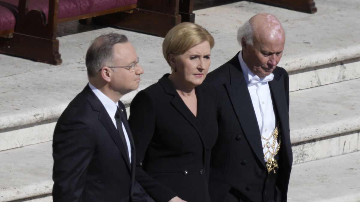 President of Poland Andrzej Duda and his wife Agata Kornhauser-Duda are seen arriving at the Pope's Funeral at the Vatican in Rome, Italy on 26 April, 2025. (Photo by Jaap Arriens/NurPhoto via Getty Images)